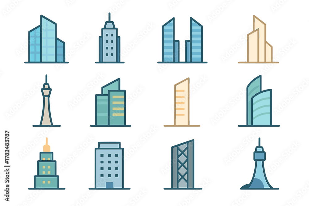 Fototapeta premium Set of Minimalistic Skyscrapers and Towers Icons
