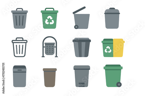 set of trash bins and recycling containers