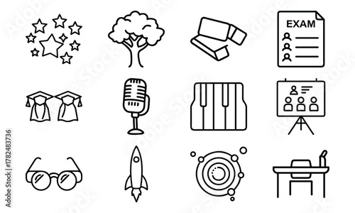 Education and School Line Icons Set – Stars, Tree, Eraser, Exam Paper, Classroom, Uniform, Microphone, Piano, Glasses, Rocket, Solar System, and Study Desk Outline Symbols