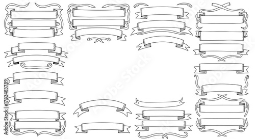 Extensive collection of vintage hand-drawn ribbons, banners, and scrolls in various styles, perfect for titles and decorative text.