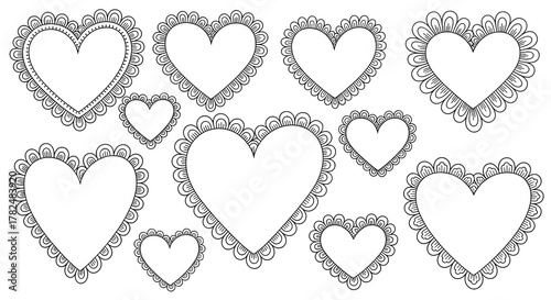 Beautiful assortment of heart shapes with lacy, scalloped edges, hand-sketched in different sizes for romantic decorations.