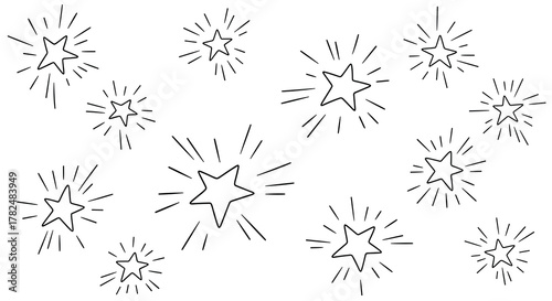 Simple yet charming pattern of hand-drawn shining stars with radiating lines, creating a classic sparkle and twinkle effect.