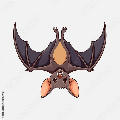 Bat hanging upside down with wings spread