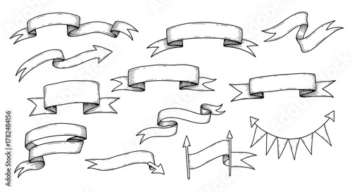 Creative set of vintage ribbons, flags, and banners sketched by hand, perfect for adding a retro flourish to any graphic design.