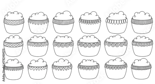 Collection of hand-drawn decorative pots or containers with various folk art patterns, perfect for plants, food, or crafts.