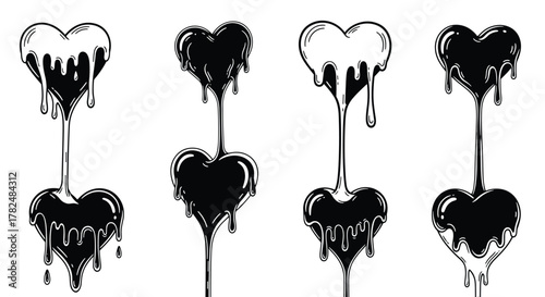 Gothic illustration set of melting hearts connected by dripping black liquid, symbolizing a toxic or interconnected relationship.