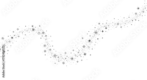 Abstract illustration of a flowing magic trail made of hand-drawn stars, sparkles, and stardust on a clean white background.