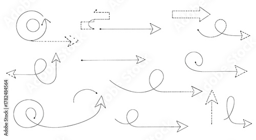 Creative collection of hand-drawn arrows formed by dotted or dashed lines, following curved, looping, and spiral paths.