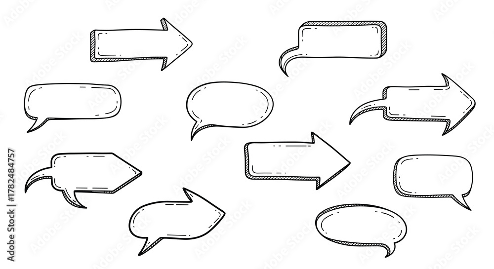 Obraz premium Unique set of hand-sketched arrow-shaped speech bubbles, combining pointers with dialogue boxes for creative communication.