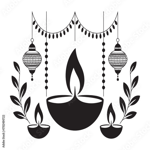 Elegant Design Featuring Lit Diyas and Ornate Hanging Lanterns for Celebrations