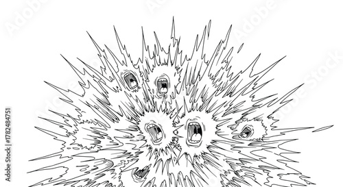 Intense and chaotic hand-drawn illustration of an explosion filled with multiple screaming mouths, conveying anger or noise.