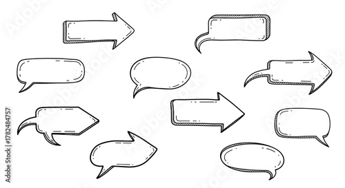 Unique set of hand-sketched arrow-shaped speech bubbles, combining pointers with dialogue boxes for creative communication.