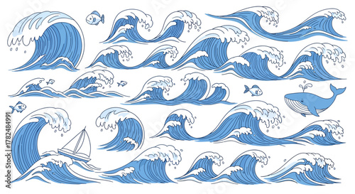 Collection of dynamically sketched blue waves with marine life and sailboat elements