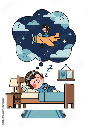 Boy dreaming of flying airplane while sleeping vector