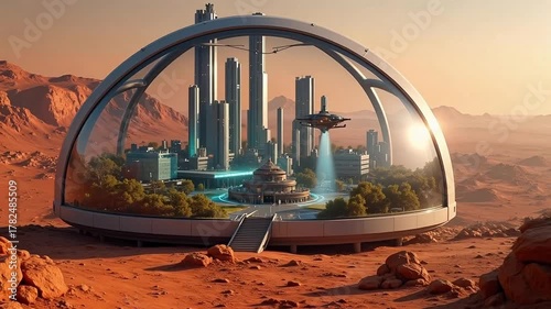 Futuristic city thriving under a biodome on Mars, a vibrant vision of space exploration and human ingenuity, inspiring hope for a new era of colonization