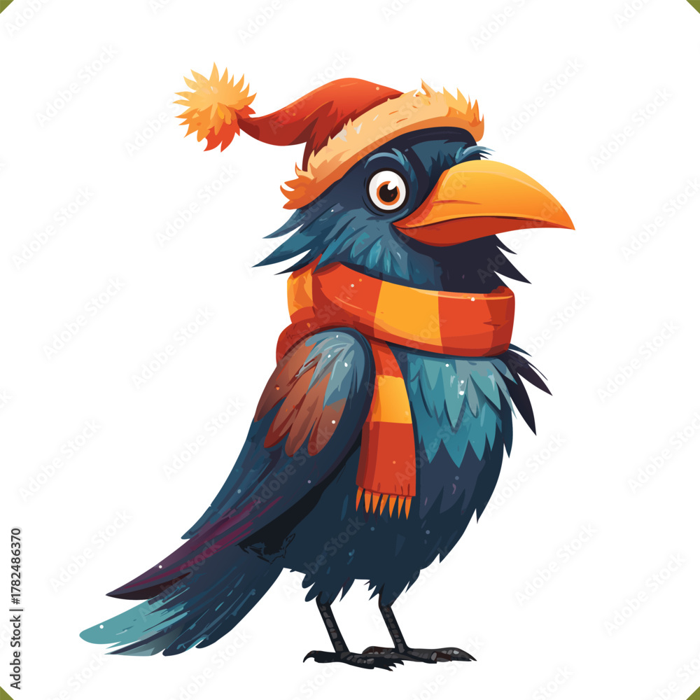Fototapeta premium Vector illustration of a crow wearing a warm hat and scarf, cute winter bird, isolated on a white background