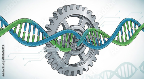 DNA and Gear: Conceptual Illustration of Genetic Engineering and Technology