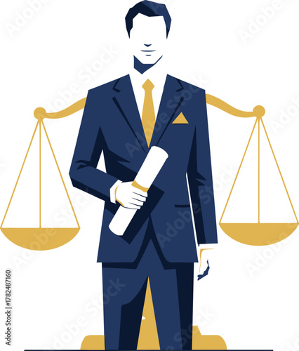 Professional man in a suit holding a diploma standing in front of scales of justice isolated on transparent background