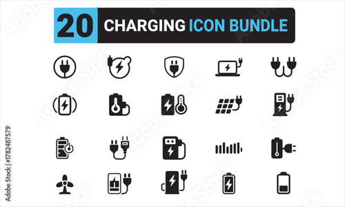 Charging Icon Bundle set,  Battery, Power Plug, Energy Line Icons Pack