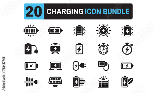 Charging Icon Bundle set,  Battery, Power Plug, Energy Line Icons Pack