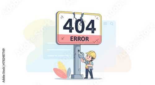 404 Error Page - A Cartoon Mechanic Fixes a Broken Sign Representing a Website Not Found Issue