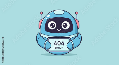 Cute blue robot holding a sign indicating a 404 error, perfect for website downtime or technical issues