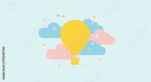 A bright yellow hot air balloon floats serenely in a pastel sky filled with whimsical clouds and sparkling stars, symbolizing adventure and dreams