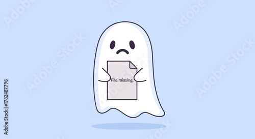 A Cute Ghost Holding a Paper Saying 'Page Not Found' - A Fun 404 Error Illustration