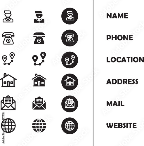 Business card and contact information icon set graphic elements. Flat filled and thin line editable stroke icons for phone, email, address, location, website, fax, and personal data symbols.
