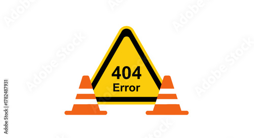 404 Error Page Not Found Warning Sign with Traffic Cones Icon