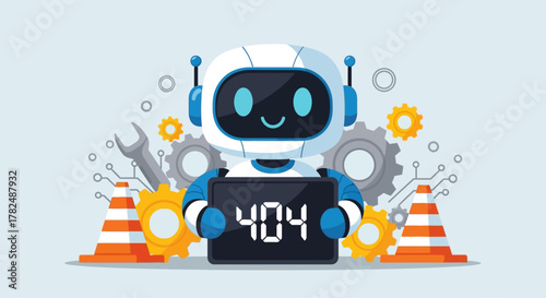Funny robot holding a 404 error sign with gears and caution cones, representing website problems and technical issues