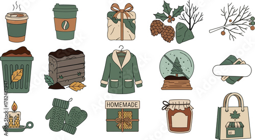 Cozy autumn collection of seasonal objects and apparel for fall and winter