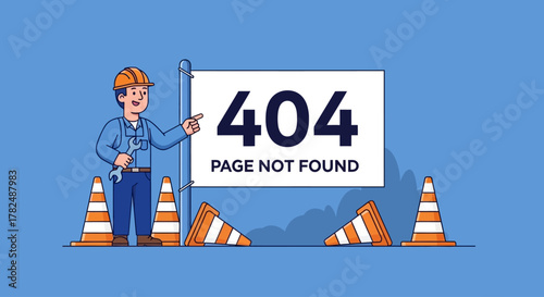 Error 404 Page Not Found A Web Development Concept Illustrating a Construction Worker Near Traffic Cones and a Warning Sign