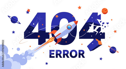 Space-themed 404 error illustration featuring a rocket blasting off around the numbers representing a page not found error