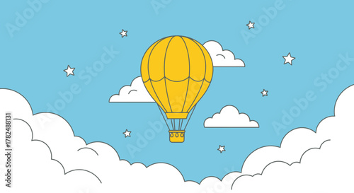Dreamy Yellow Hot Air Balloon Floating Through A Sky Filled With Clouds and Stars