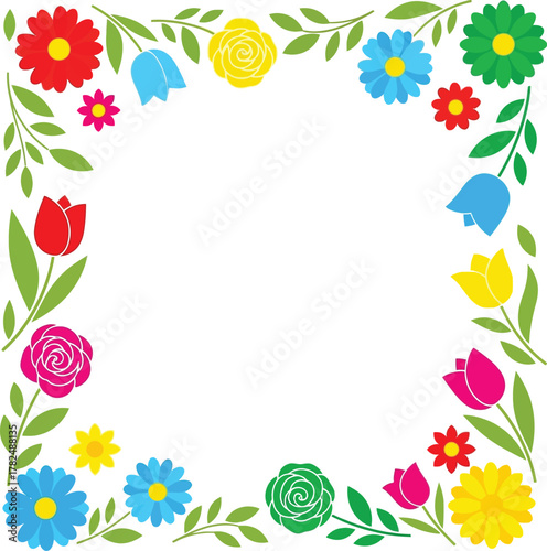 Vibrant square floral border with colorful blooming flowers and green leaves on white background