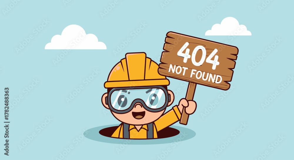 Fototapeta premium Error 404 Not Found Illustration Cartoon Construction Worker in Safety Gear Holding a Wooden Sign in a Manhole
