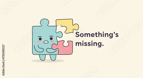 Cute cartoon puzzle piece with a sad expression, implying a missing piece and a sense of incompleteness