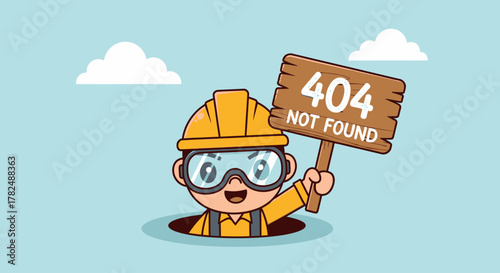 Error 404 Not Found Illustration Cartoon Construction Worker in Safety Gear Holding a Wooden Sign in a Manhole