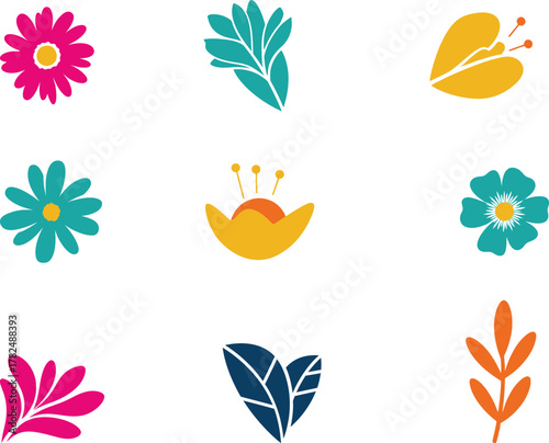 Collection of nine colorful abstract floral and leaf illustrations in a grid format with white background and bright vibrant colors