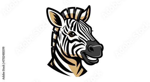 Zebra head illustration with black and white stripes.
