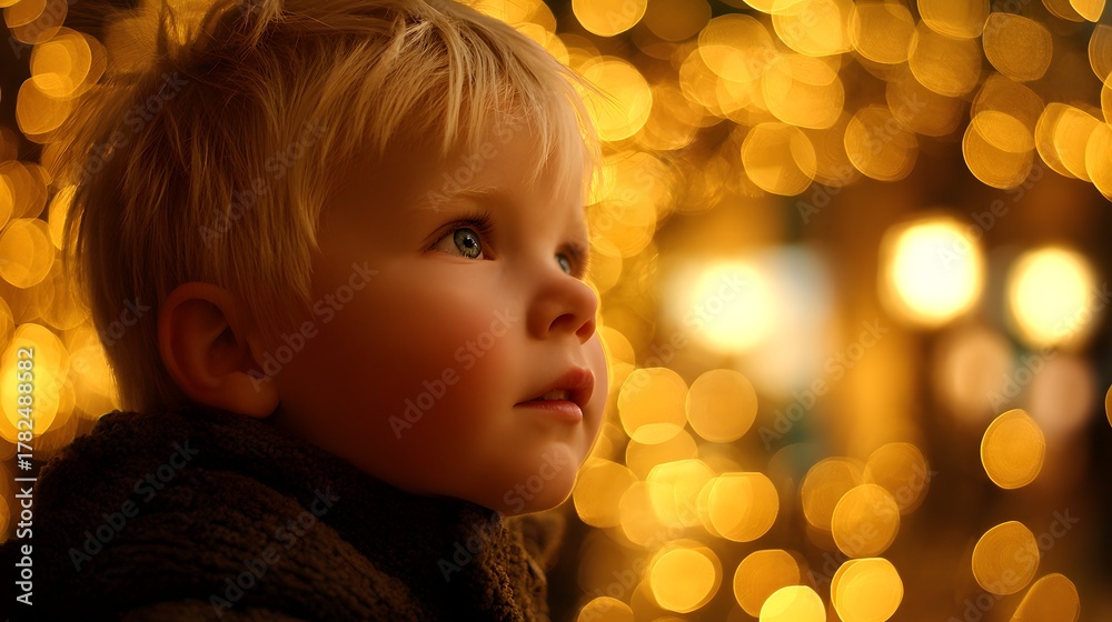 Fototapeta premium Young child gazes with wonder at a background of warm, golden holiday lights