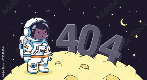 Cute astronaut on a moon surface with a large 404 error message floating in the background symbolizing a lost connection or page not found