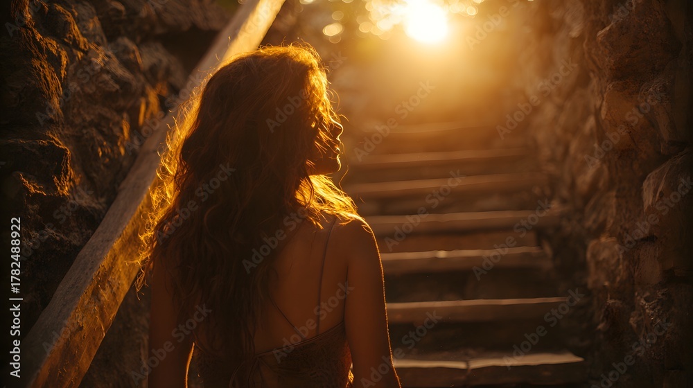 Fototapeta premium Woman ascending rough stone steps toward bright sunlight at the top of a passage