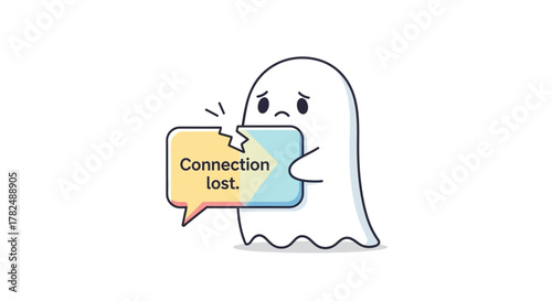 Cute ghost character with a speech bubble indicating a lost connection, representing network issues and online problems