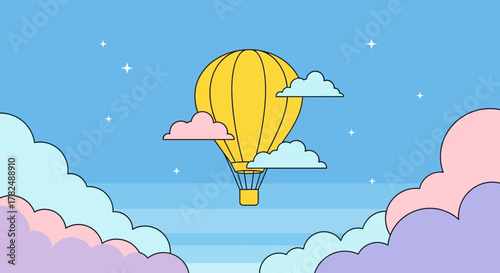 Dreamy Hot Air Balloon Floating Amongst Pastel Clouds Under a Starry Sky