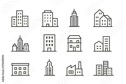 Building Types Minimalist Line Icons Set