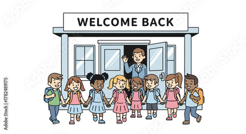 Children Lining Up at School Entrance with Welcome Back Sign