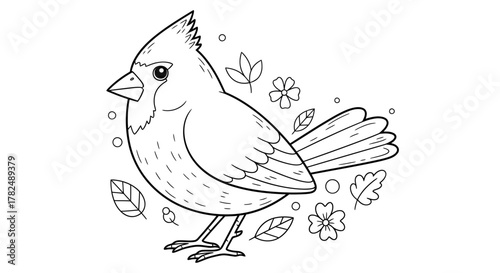 Cute outline of a cardinal bird surrounded by floral elements suitable for coloring page