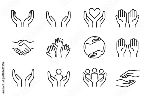hands gestures and symbols line icons set